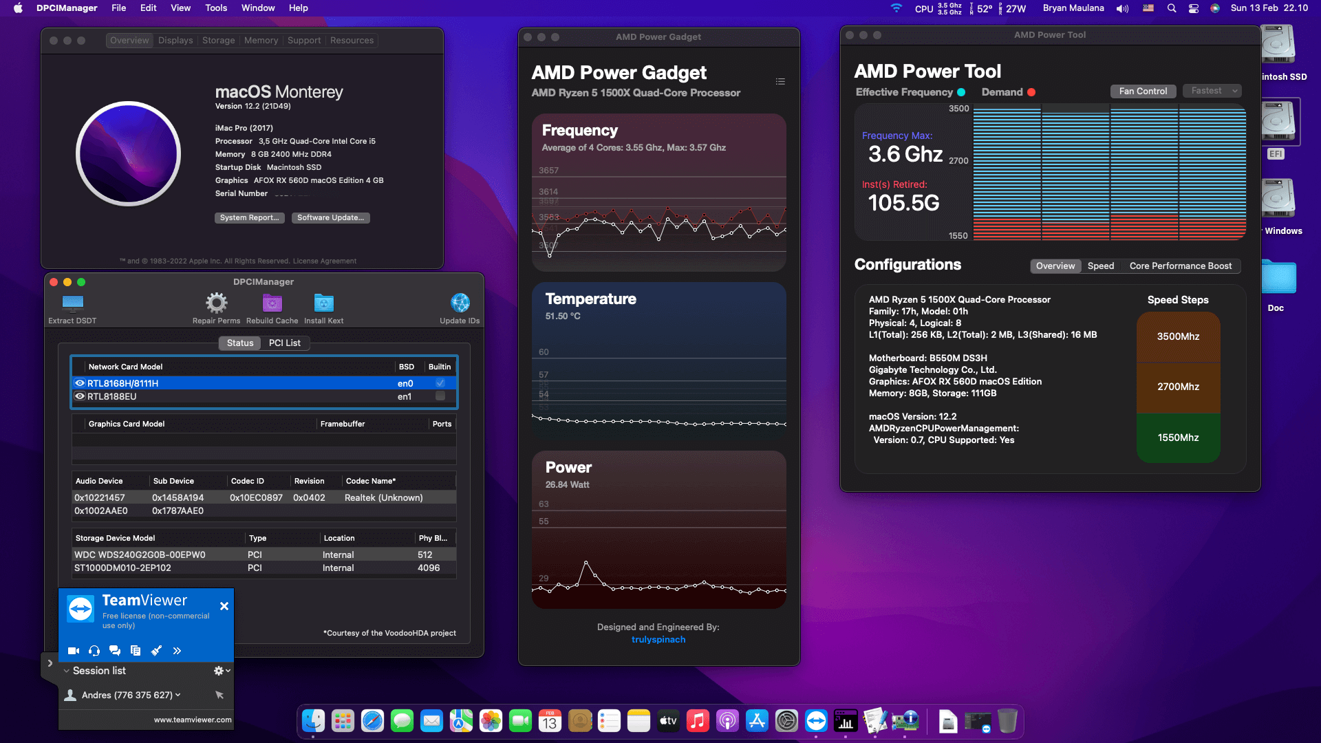 Success Hackintosh macOS Monterey 12.2 Build 21D49 in Gigabyte B550M DS3H + AMD Ryzen 5 1500X + Afox RX 560D
